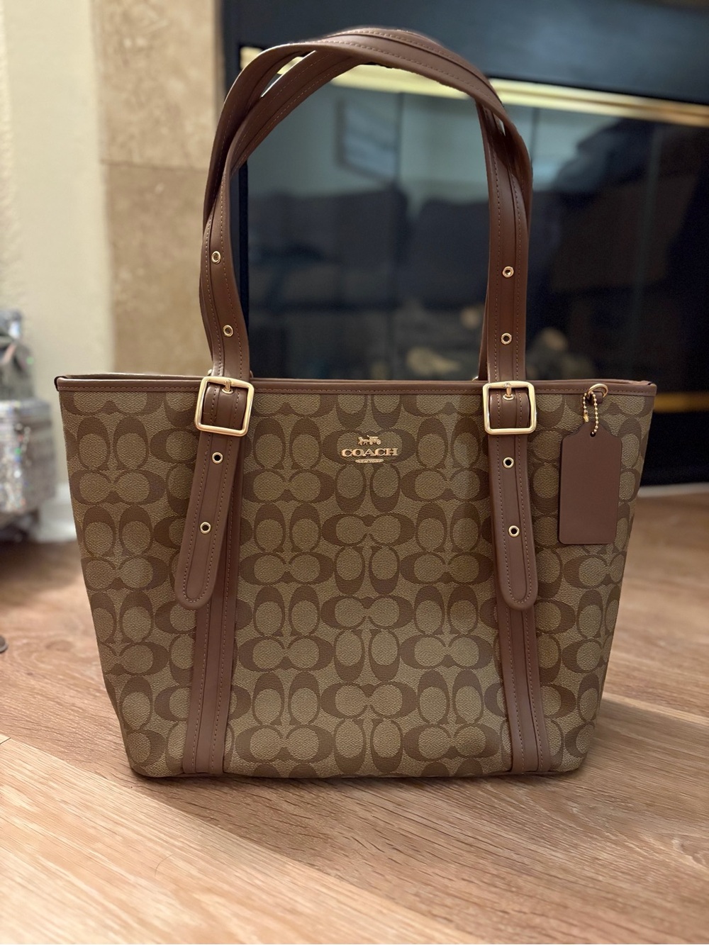 Coach Brown Signature Canvas Tote with Leather Trim